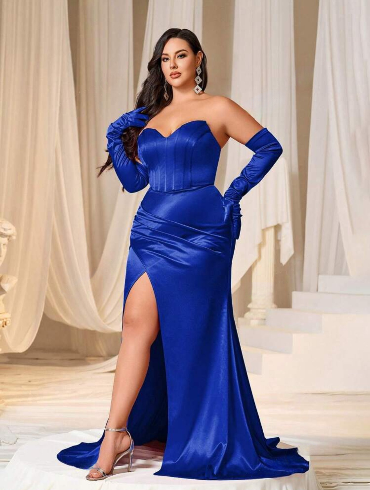 Glamorous Red Plus Size Satin Ruched Strapless  Long Maxi Dress with Gloves-Free Shipping