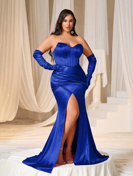 Glamorous Blue Plus Size Satin Ruched Strapless Long Maxi Dress with Gloves-Free Shipping