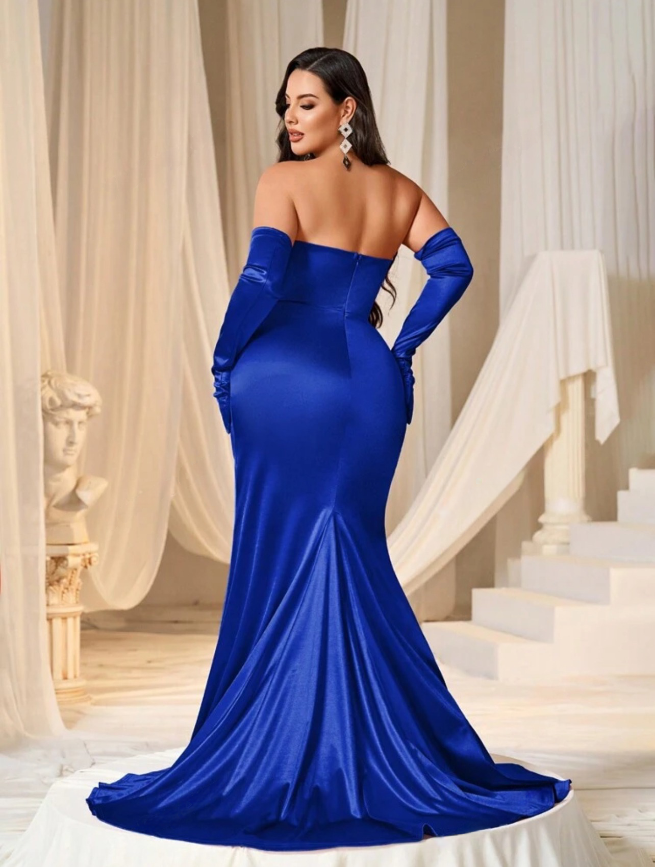 Glamorous Red Plus Size Satin Ruched Strapless  Long Maxi Dress with Gloves-Free Shipping