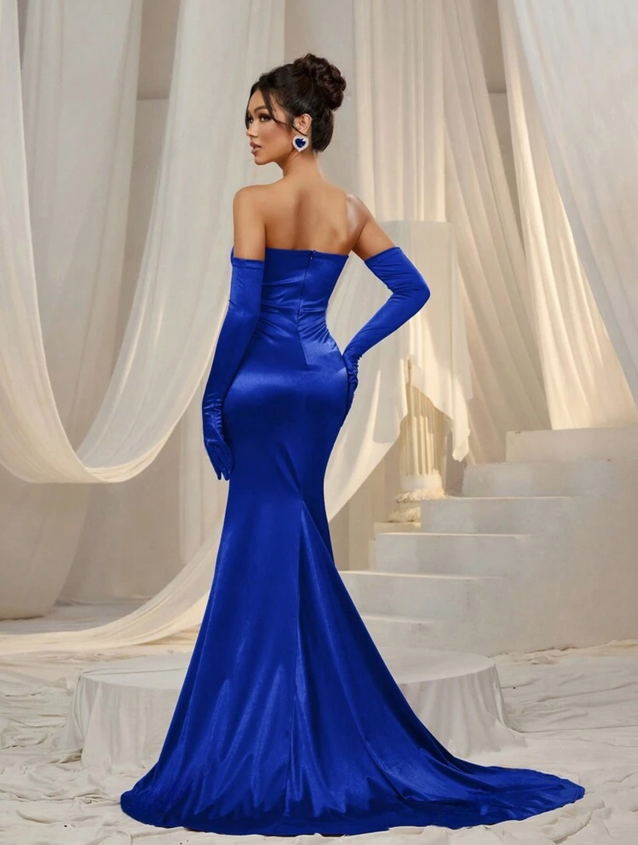 Glamorous Blue Satin Ruched Strapless Long Maxi Dress with Gloves-Free Shipping