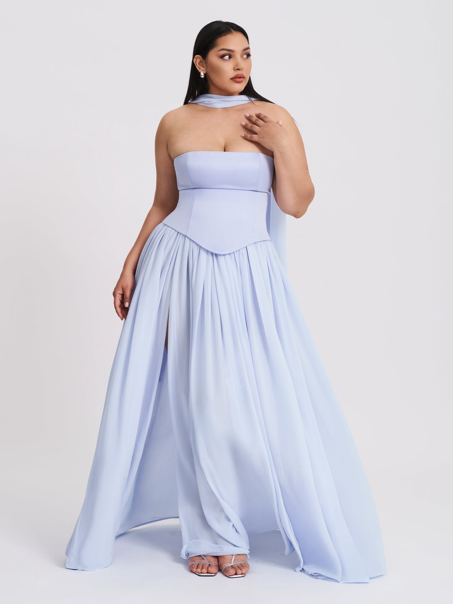 Miss Circle Qianna Baby Blue Peplum Drop Waist Chiffon Gown - Free Shipping