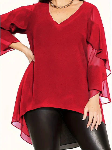 Stylish Plus Size V-Neck Blouse with Cascading Ruffle Sleeves and High-Low Hem