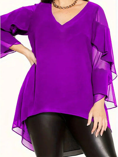 Stylish Plus Size V-Neck Blouse with Cascading Ruffle Sleeves and High-Low Hem