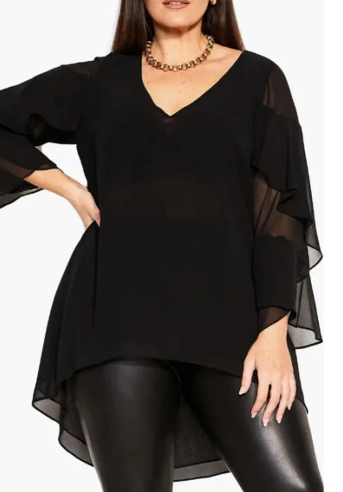 Stylish Plus Size V-Neck Blouse with Cascading Ruffle Sleeves and High-Low Hem