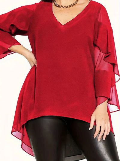 Stylish Plus Size V-Neck Blouse with Cascading Ruffle Sleeves and High-Low Hem