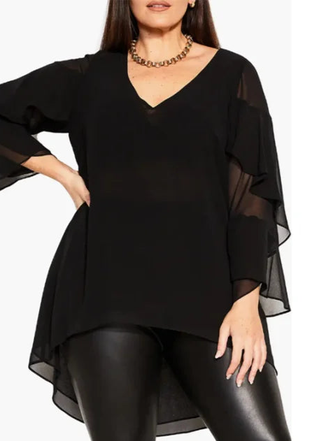 Stylish Plus Size V-Neck Blouse with Cascading Ruffle Sleeves and High-Low Hem