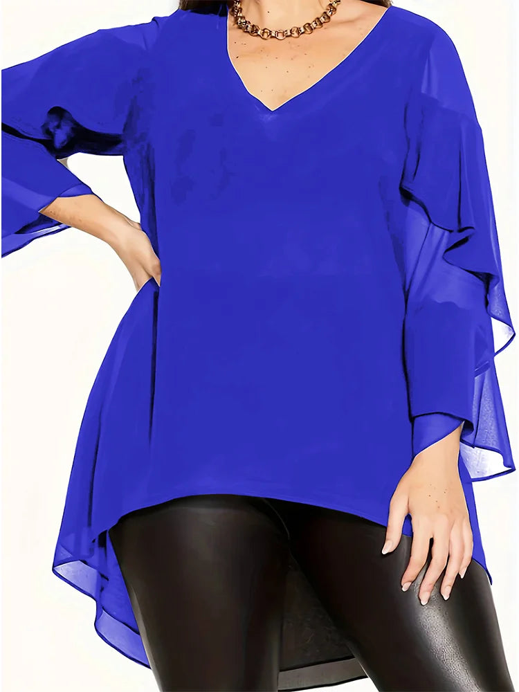 Stylish Plus Size V-Neck Blouse with Cascading Ruffle Sleeves and High-Low Hem