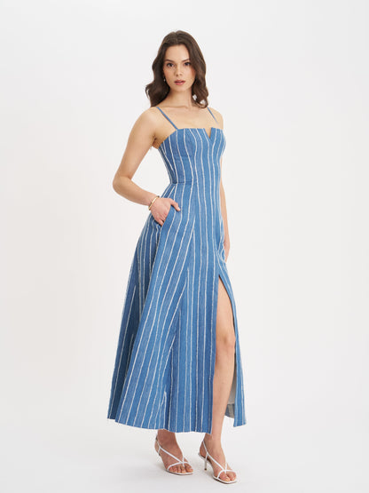 Miss Circle Abygail Stripe Cotton Denim Maxi Dress - Free Shipping