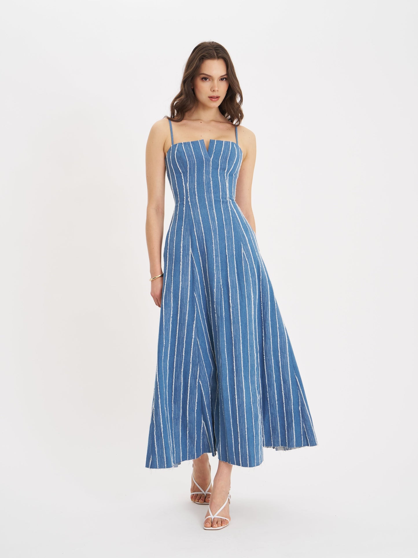 Miss Circle Abygail Stripe Cotton Denim Maxi Dress - Free Shipping