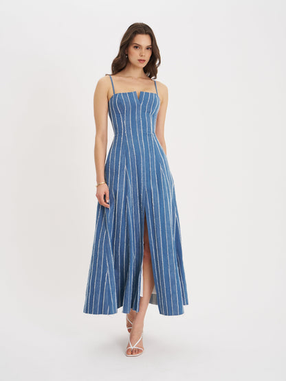 Miss Circle Abygail Stripe Cotton Denim Maxi Dress - Free Shipping