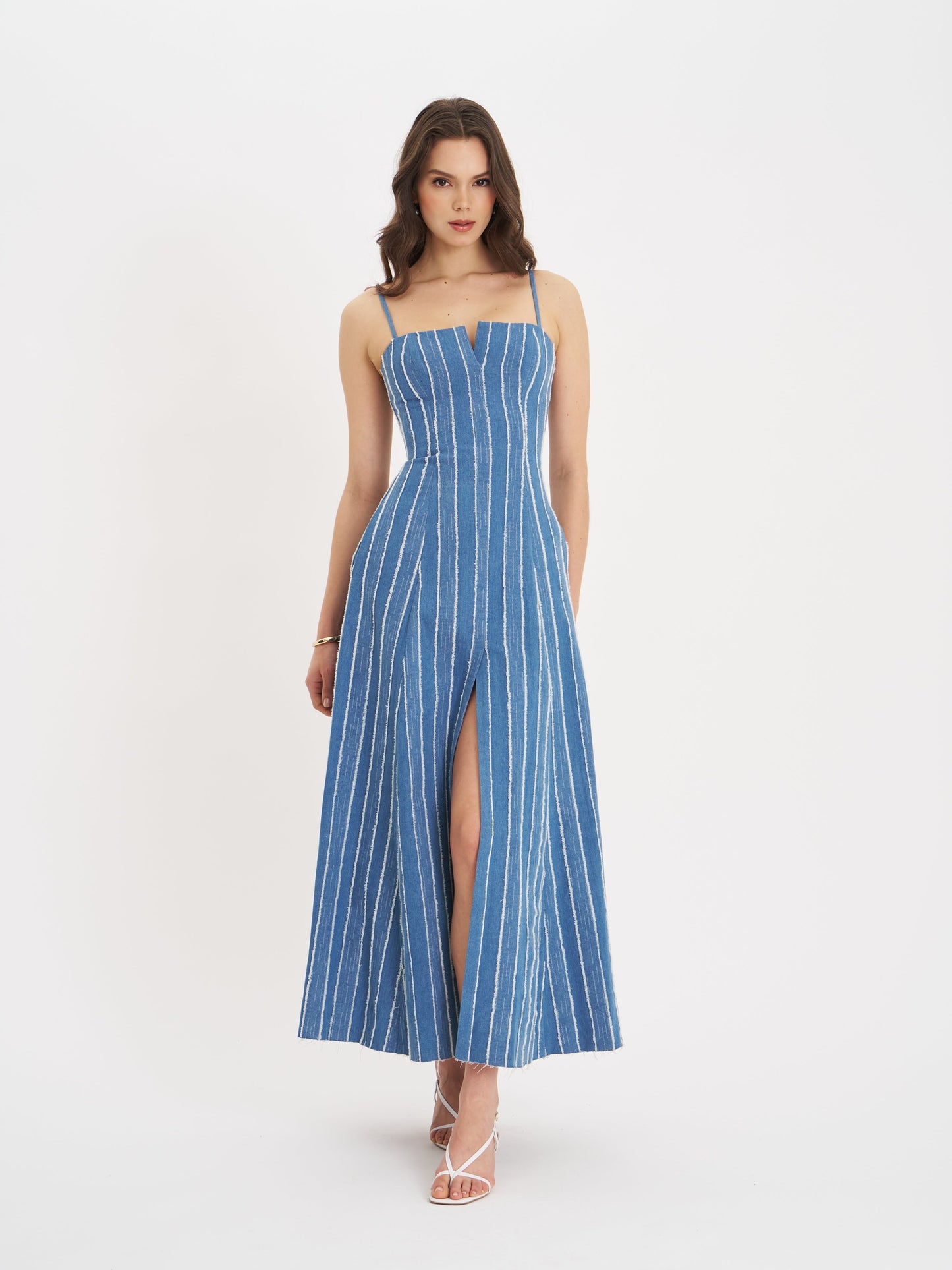 Miss Circle Abygail Stripe Cotton Denim Maxi Dress - Free Shipping