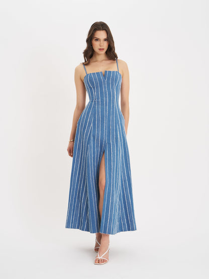 Miss Circle Abygail Stripe Cotton Denim Maxi Dress - Free Shipping