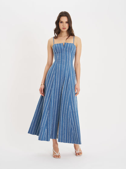 Miss Circle Abygail Stripe Cotton Denim Maxi Dress - Free Shipping
