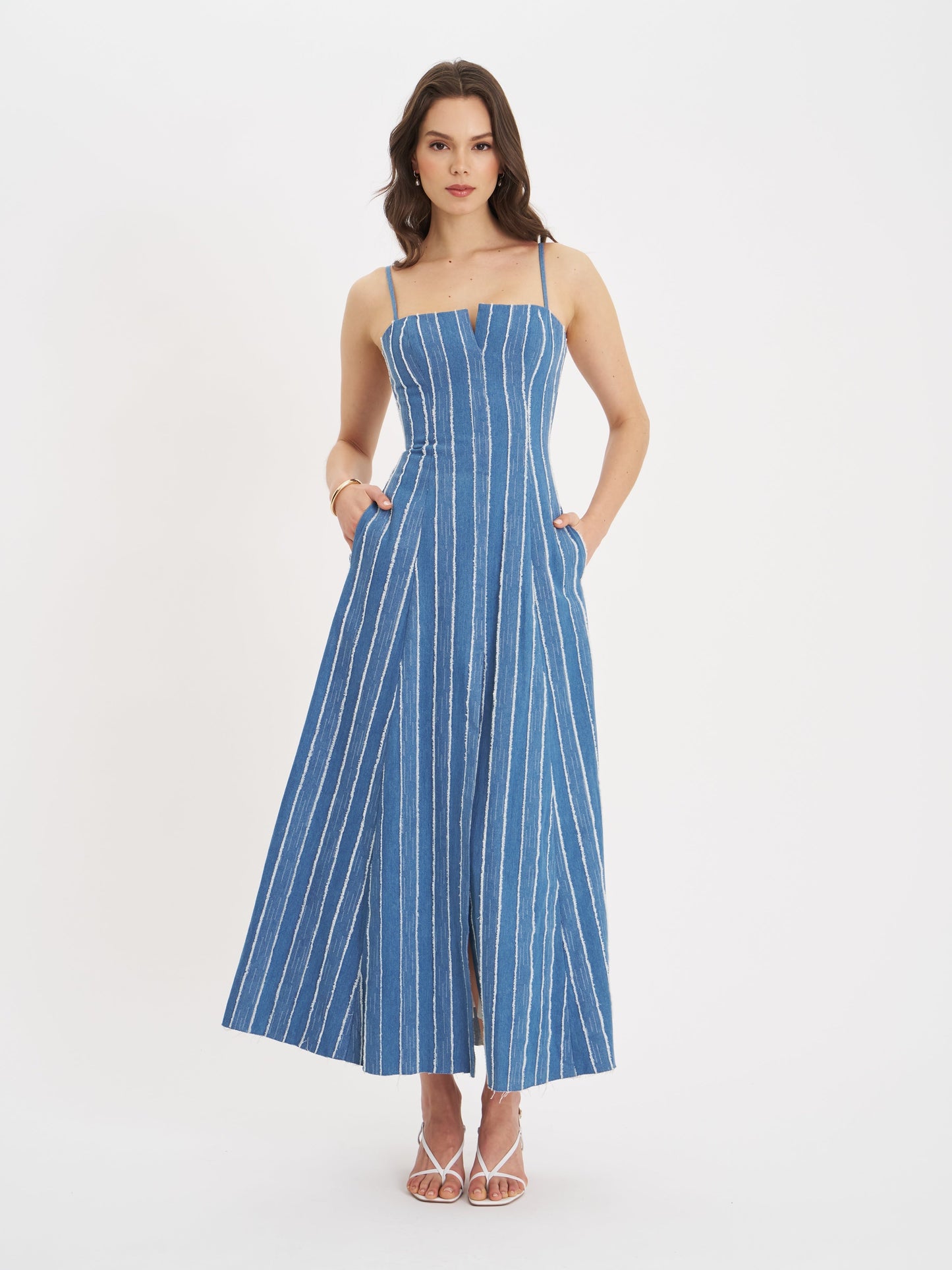 Miss Circle Abygail Stripe Cotton Denim Maxi Dress - Free Shipping
