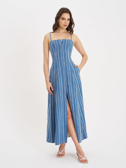 Miss Circle Abygail Stripe Cotton Denim Maxi Dress - Free Shipping