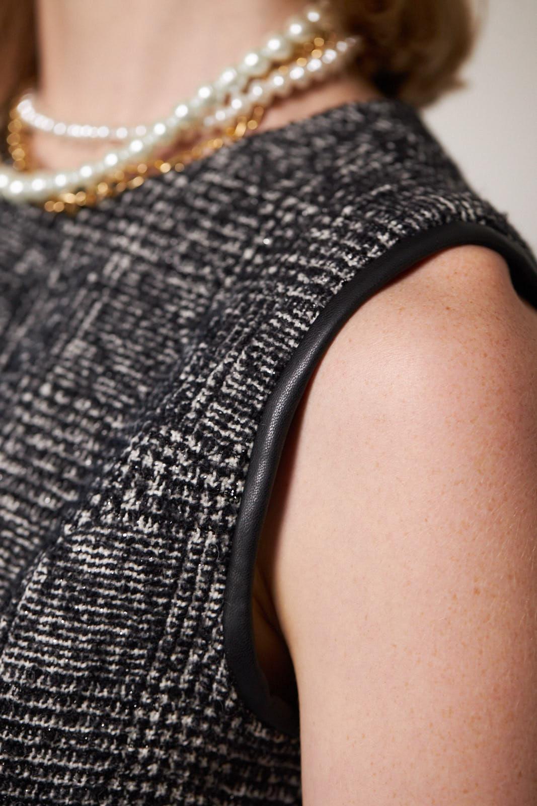 Elegant Sleeveless Satin Waist Tie Tweed Mini Short Dress – Free Shipping