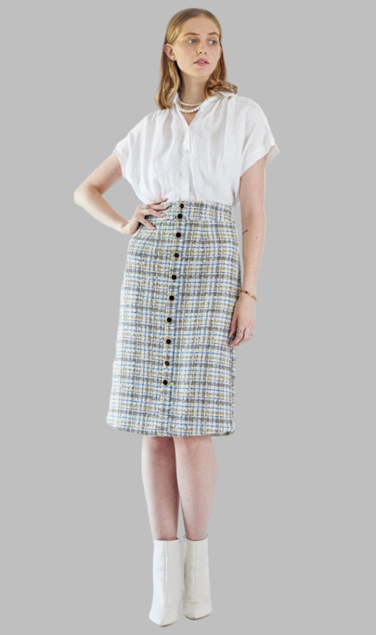 Chic High-Waisted Plaid Button-Front Tweed Pencil Skirt – Free Shiippng