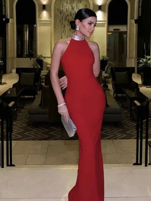 Sexy Red Halter Sparkling Rhinestone Bandage Bodycon Long Dress-Free Shipping