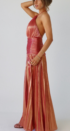 Stunning Metallic Pleated Halter Neck Open Back Side Slit A-Line Maxi Dress - Free Shipping