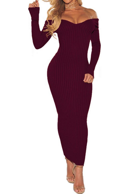Timeless V-Neck Off-Shoulder Ribbed Long Sleeve Bodycon Maxi Dress-Free Shipping