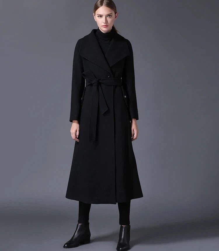 Women's Classic Elegant Wool Lapel Black Long Over Coat-Free Shipping