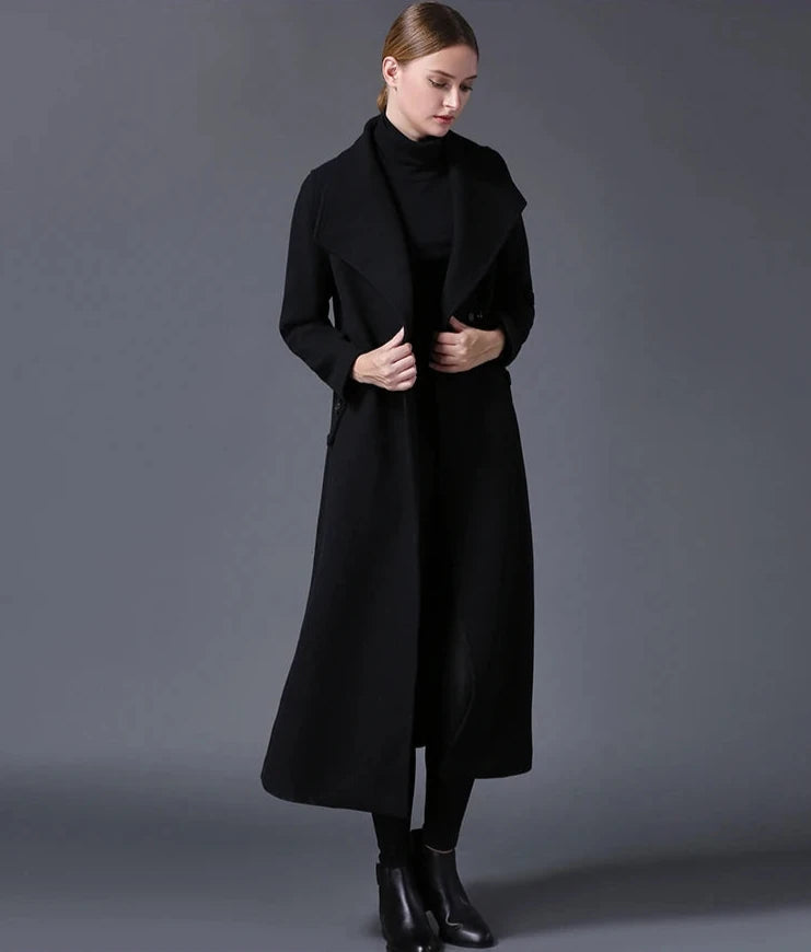 Women's Classic Elegant Wool Lapel Black Long Over Coat-Free Shipping