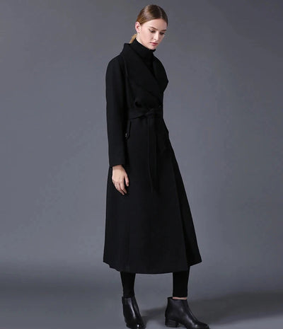 Women's Classic Elegant Wool Lapel Black Long Over Coat-Free Shipping