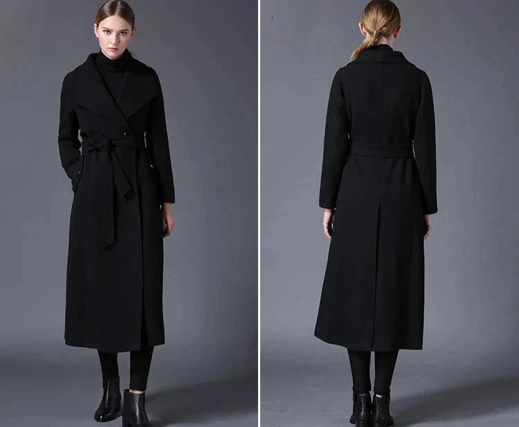 Women's Classic Elegant Wool Lapel Black Long Over Coat-Free Shipping