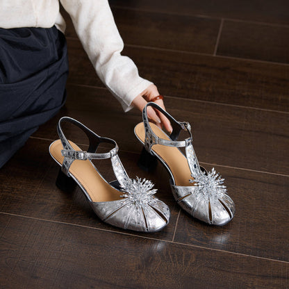 Crystal Embellished Leather T-Strap Closed-Toe Mary Jane Heels - Free Shipping