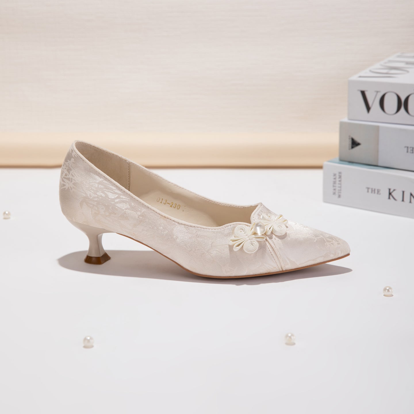 Jacquard Floral Pearl Satin Pointed-Toe Kitten Heels - Free Shipping