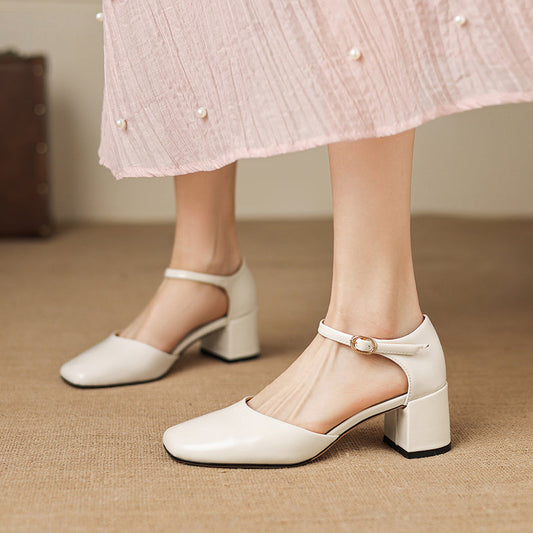 Cutout Mary Jane Full-Grain Cowhide Square Toe Block Heel Sandals - Free Shipping