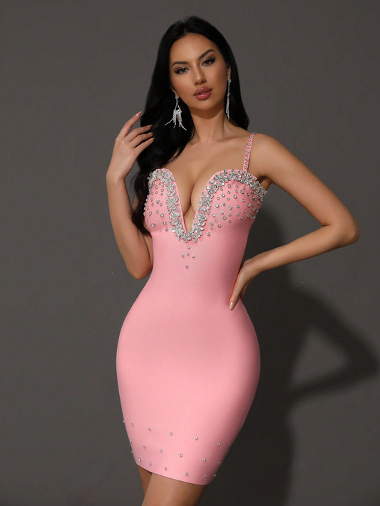 Stylish Pink Rhinestone Deep V-Neck Plunging Bandage Evening Dress-Free Shipping