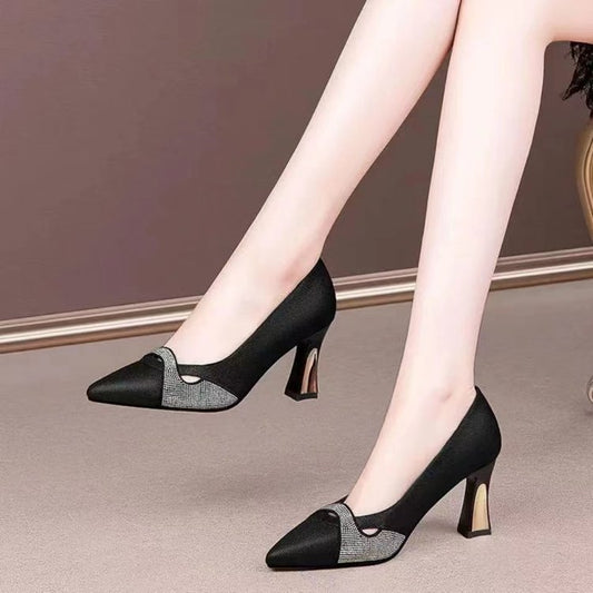 Pointed-Toe Color Block Slip-On Chunky High Heels - Free Shipping