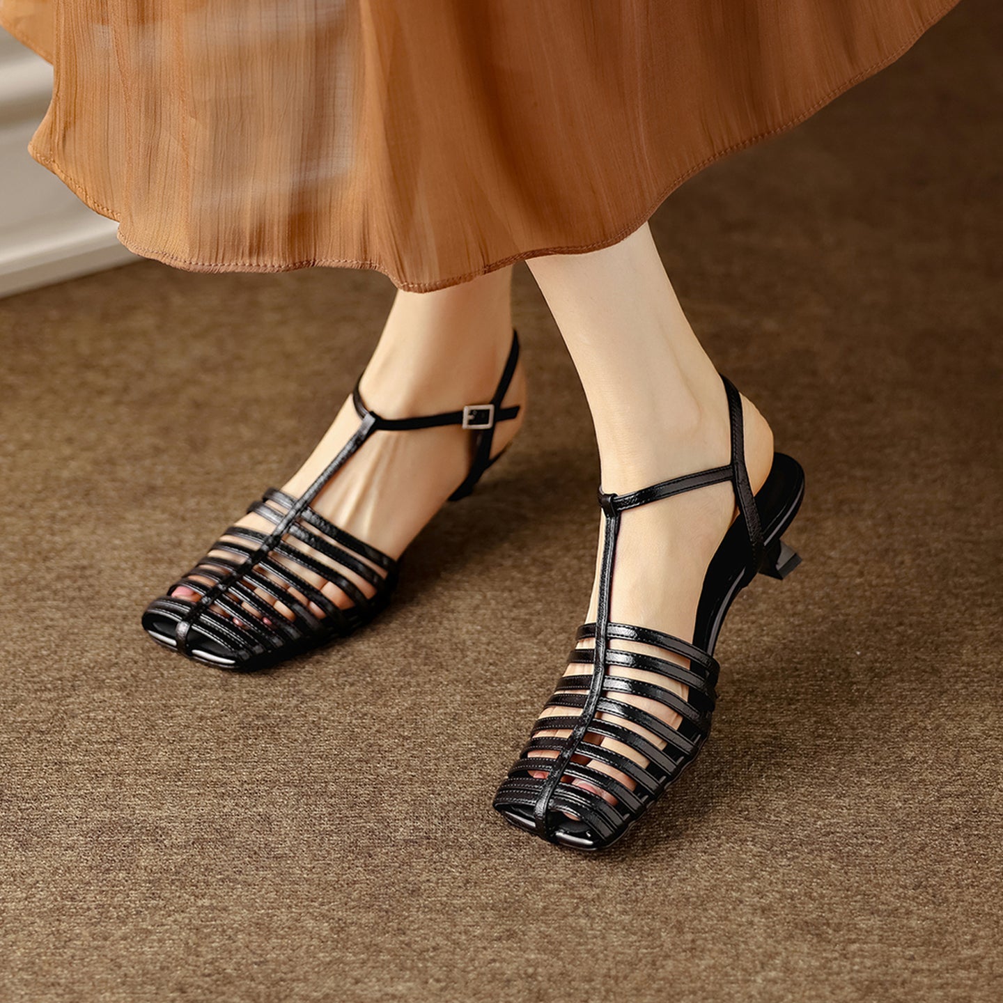 Lambskin Cage T-Strap Slingback Open-Toe Kitten Heels - Free Shipping