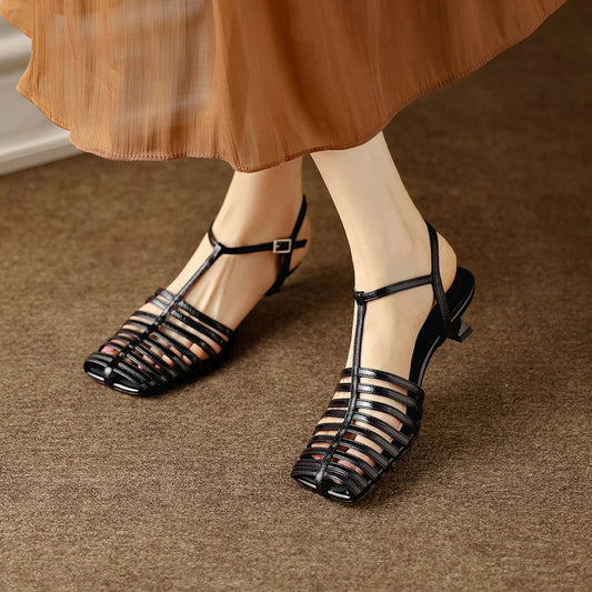 Lambskin Cage T-Strap Slingback Open-Toe Kitten Heels - Free Shipping