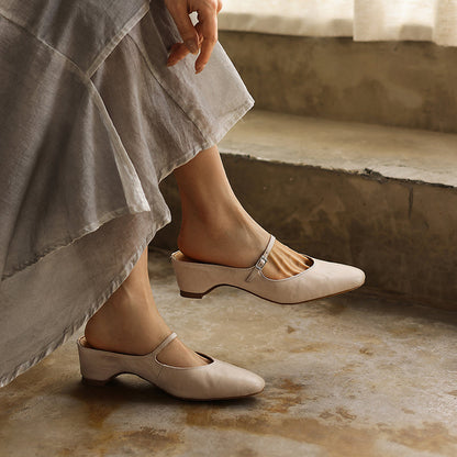 Leather Low Heel Square Toe Mary Jane Mules Sandals - Free Shipping