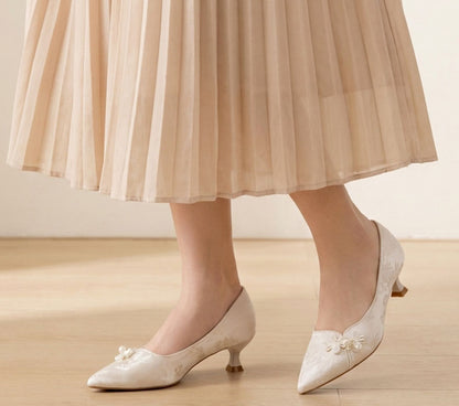 Jacquard Floral Pearl Satin Pointed-Toe Kitten Heels - Free Shipping