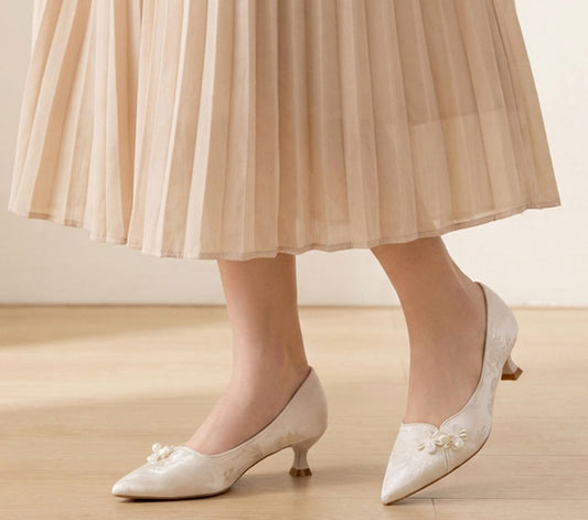Jacquard Floral Pearl Satin Pointed-Toe Kitten Heels - Free Shipping