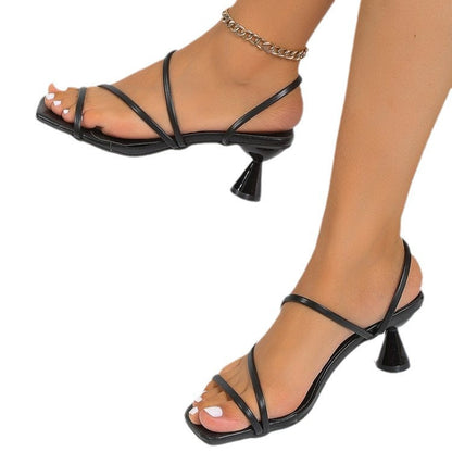 Thin-Strap Square-Toe Chunky Heel Open-Toe Sandals - Free Shipping