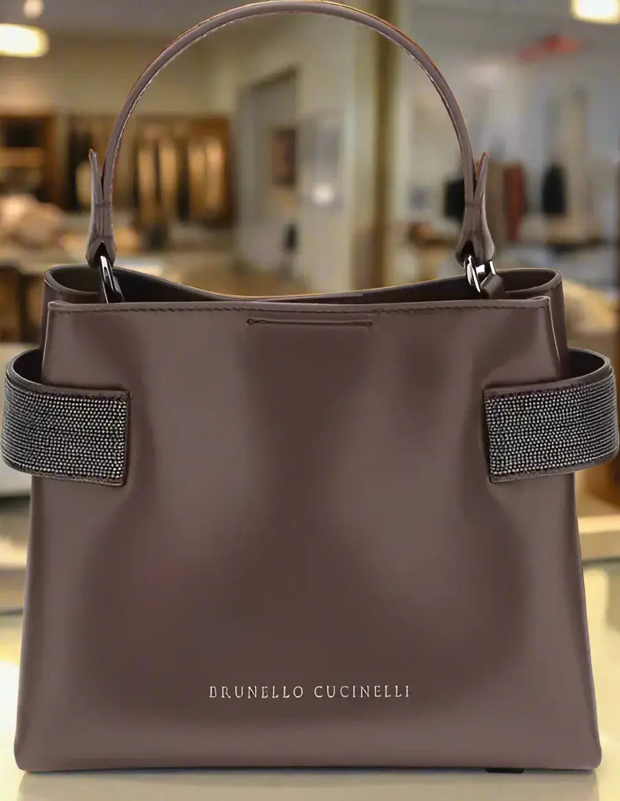Brunello Cucinelli Chocolate Jeweled Leather Handbag - Free Shipping