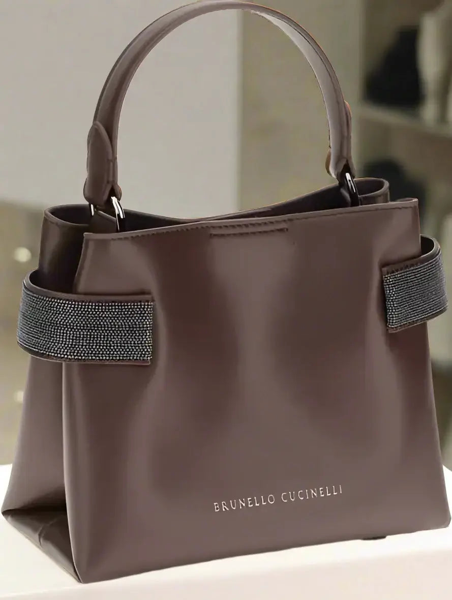 Brunello Cucinelli Chocolate Jeweled Leather Handbag - Free Shipping