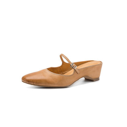 Leather Low Heel Square Toe Mary Jane Mules Sandals - Free Shipping