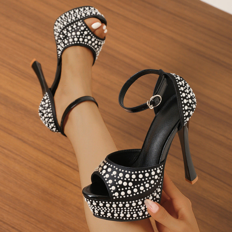 Waterproof Pearl Ankle Strap Stiletto High Heels - Free Shipping