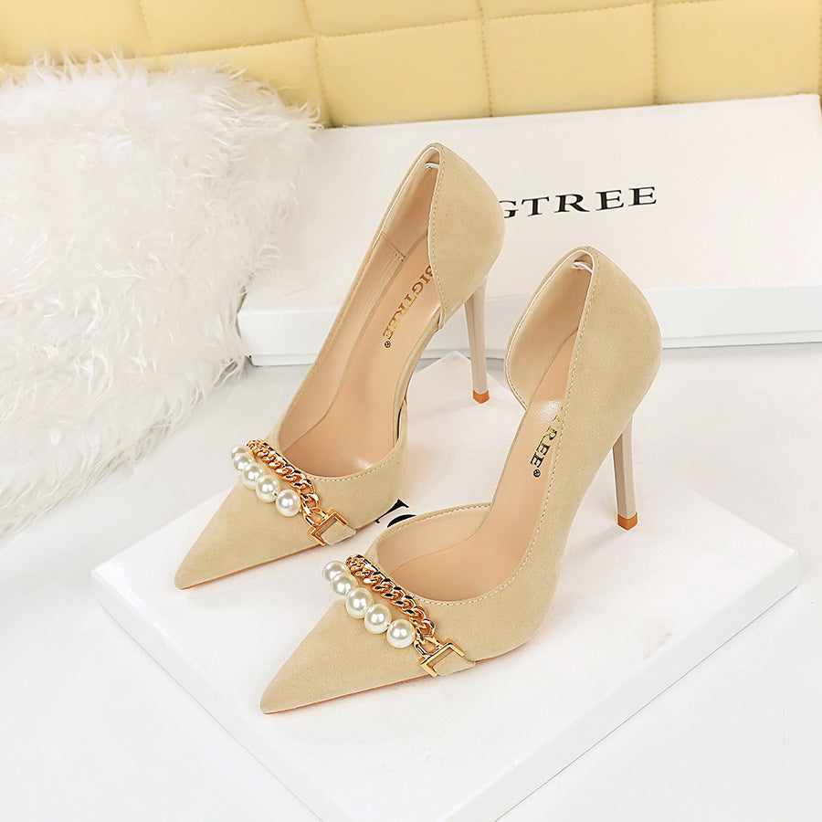 Pearl-Embellished Metallic Chain Pointed-Toe Side-Cutout Heels - Free Shipping