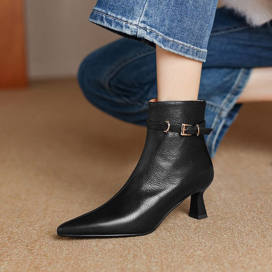 Sheepskin Upper Pointed Toe Side Buckle Retro High Heels Boots - Free Shipping