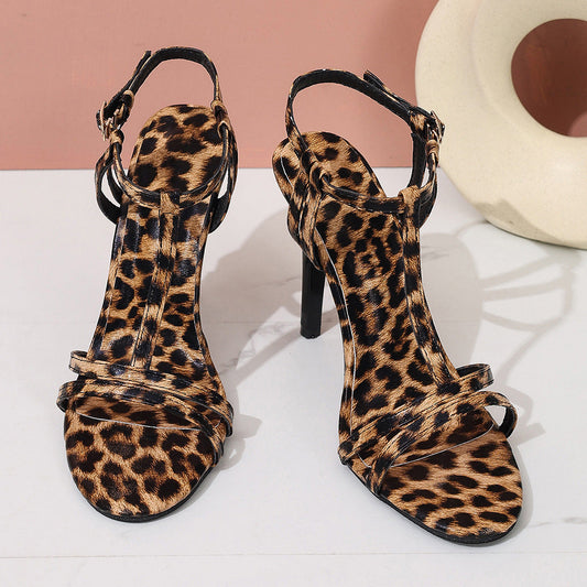 Leopard Print Open Toe Ankle Strap Stiletto High Heels - Free Shipping