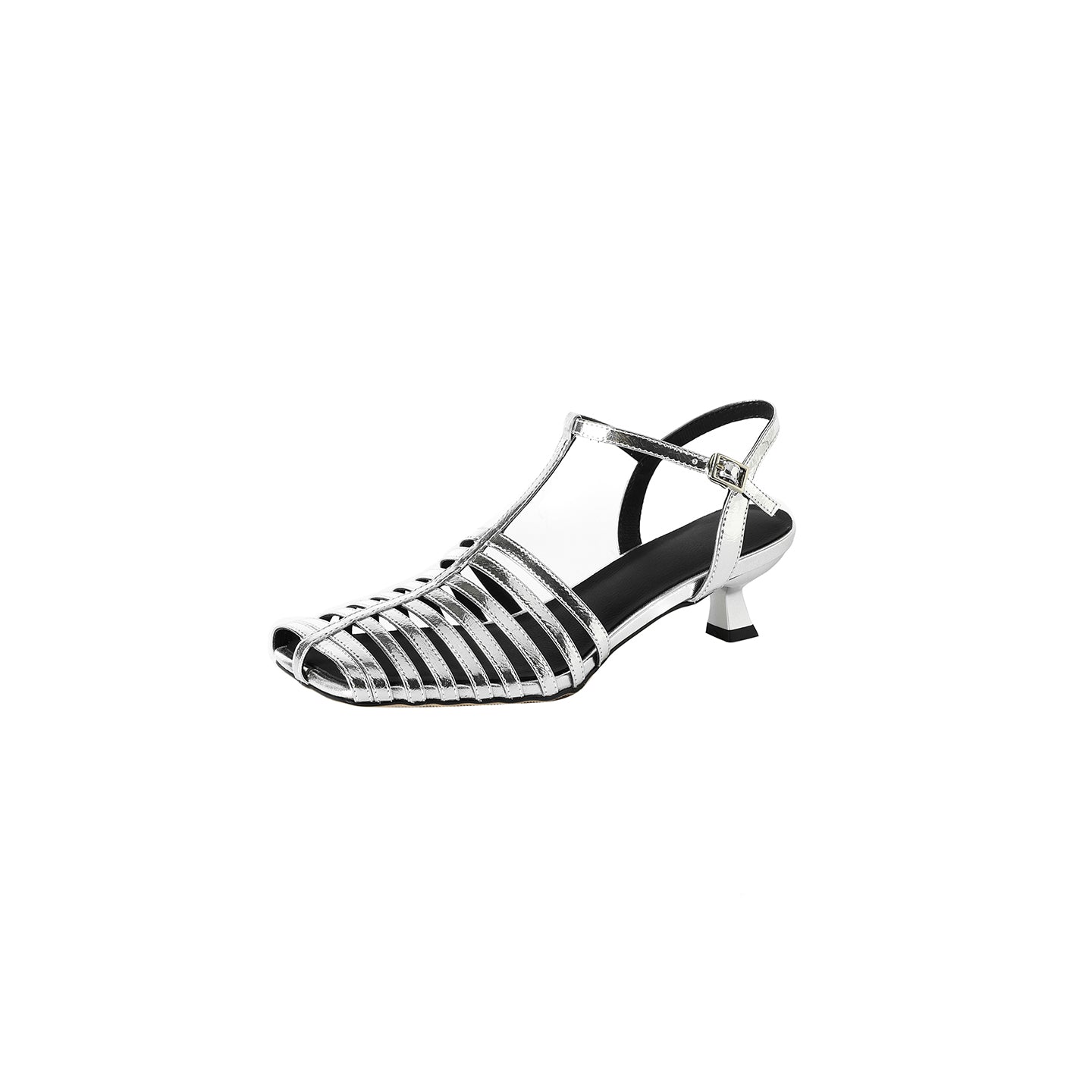 Lambskin Cage T-Strap Slingback Open-Toe Kitten Heels - Free Shipping