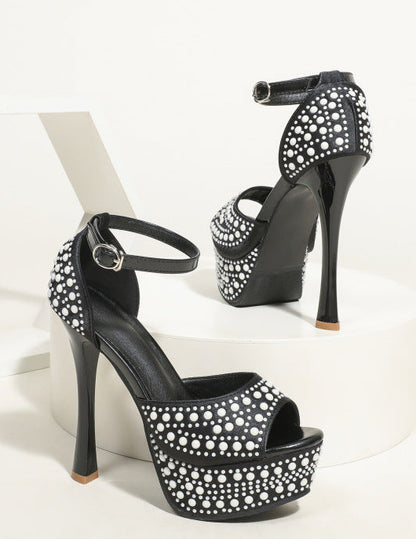 Waterproof Pearl Ankle Strap Stiletto High Heels - Free Shipping