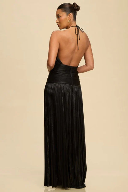 Stunning Metallic Pleated Halter Neck Open Back Side Slit A-Line Maxi Dress - Free Shipping