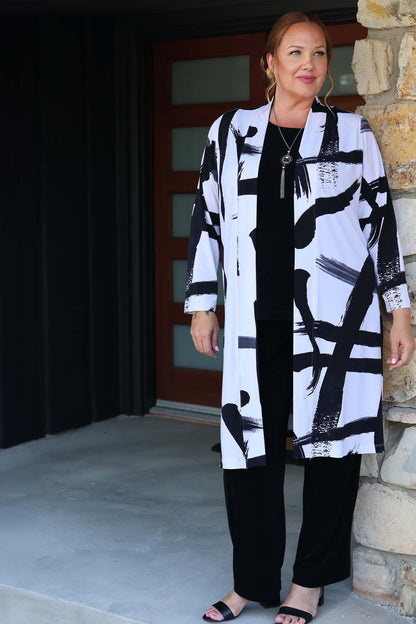 Stylish White Black Plus Size Long Sleeve Slit Duster Cardigan – Free Shipping